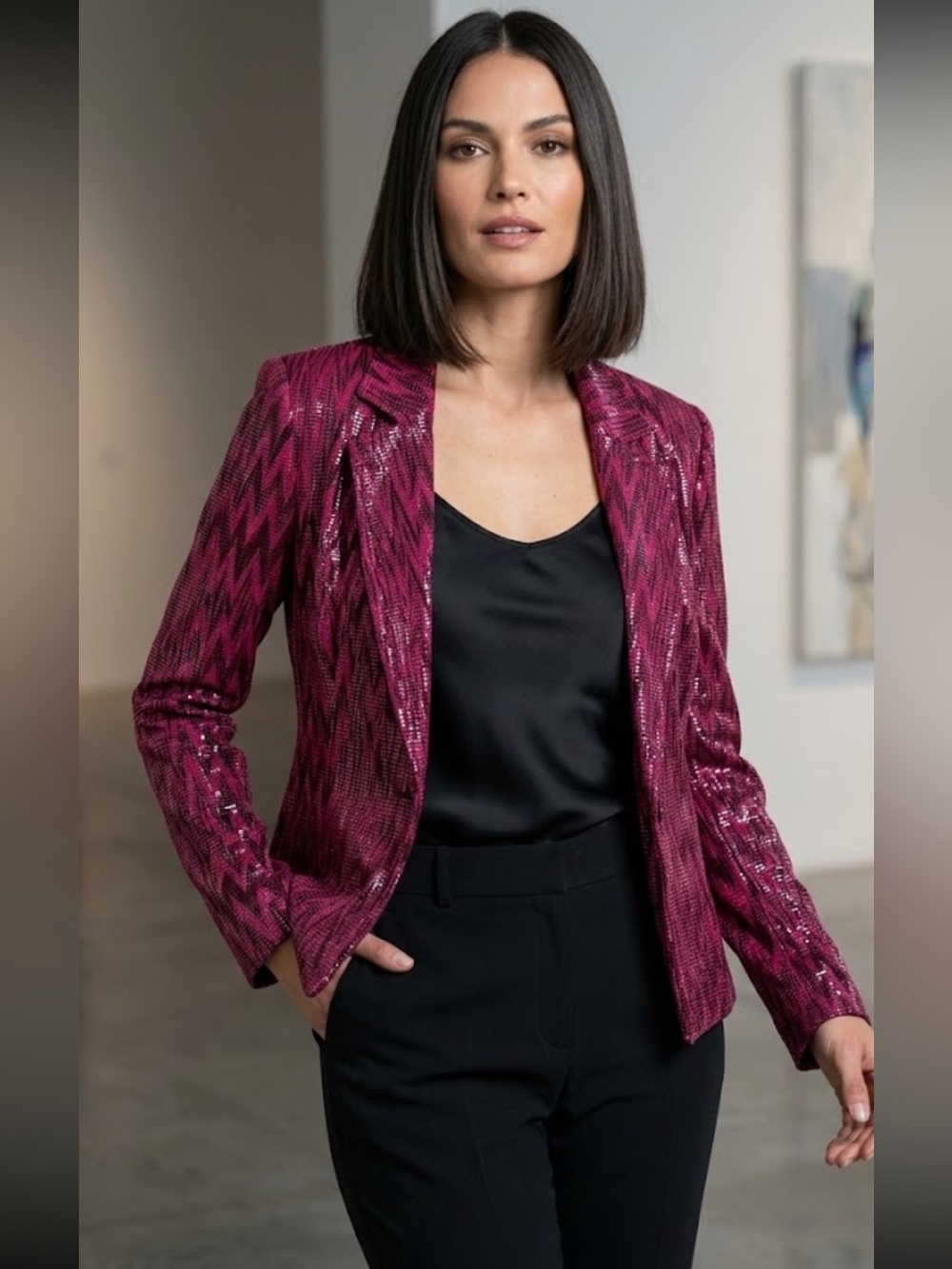 Joseph Ribkoff Burgandy Red Luminous Zigzag croc print Blazer. NWOT